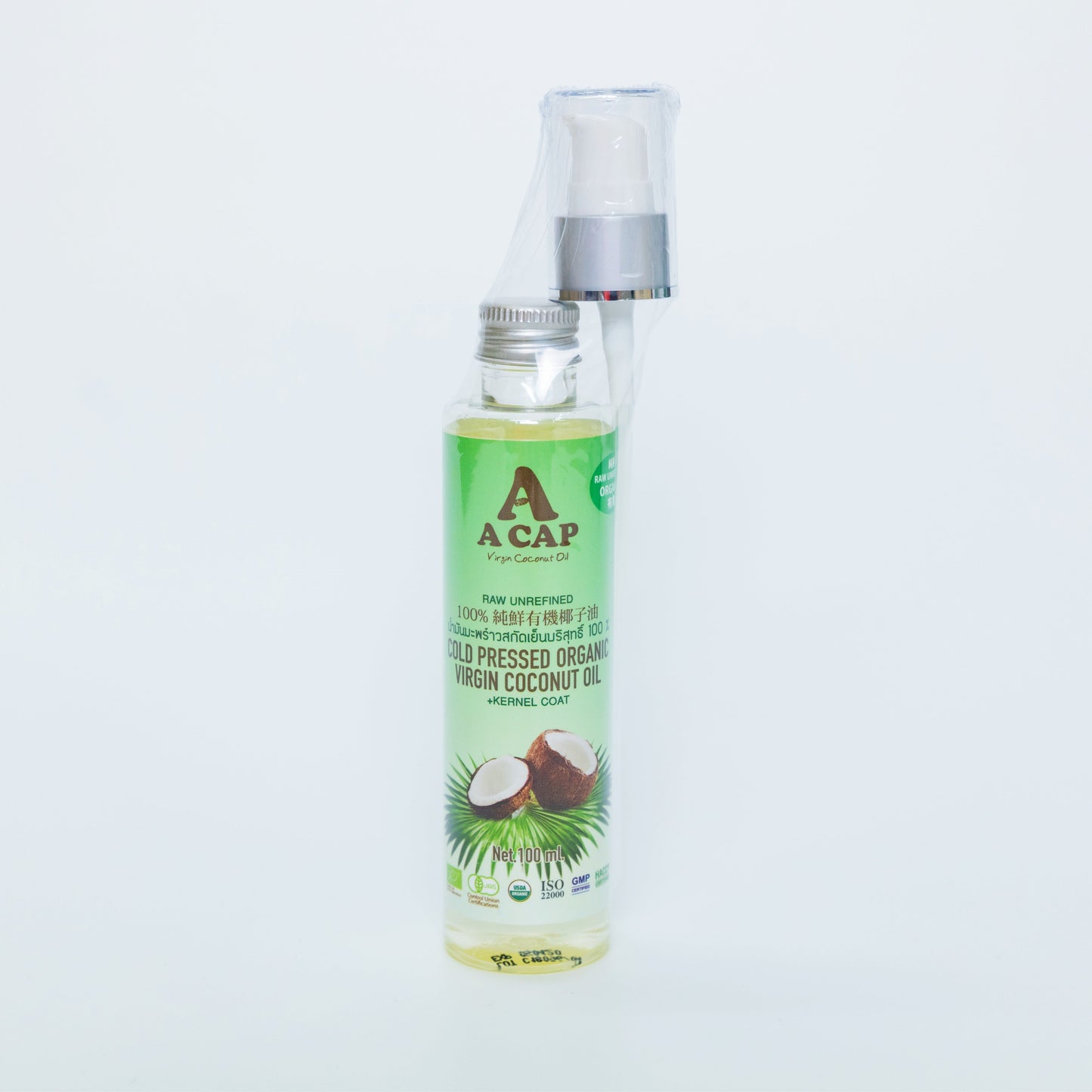A CAP 100% Organic Raw Unrefined Cold Pressed Virgin Coconut Oil 100 ml (Pump) (+Kernel Coat) USDA